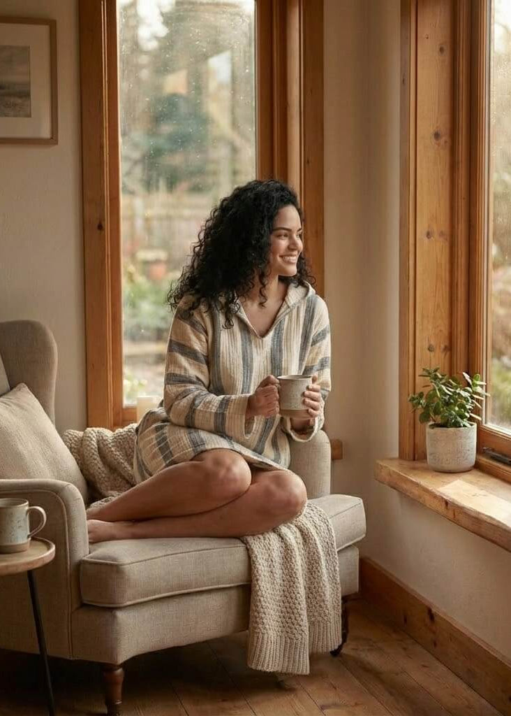 Woman sitting on a couch by a window holding a mug, surrounded by potted plants.