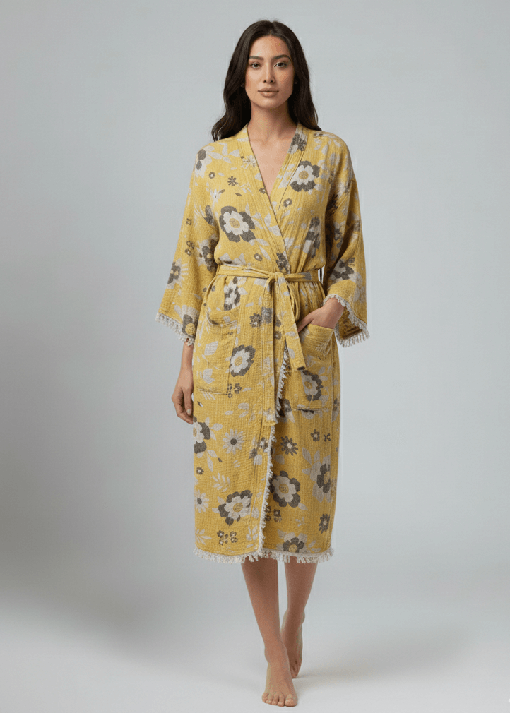 Woman wearing a yellow floral robe on a plain background