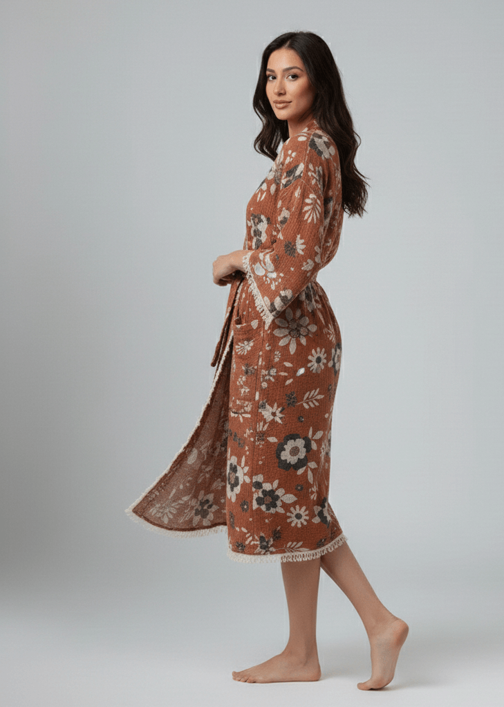 Woman wearing a floral dress on a plain background