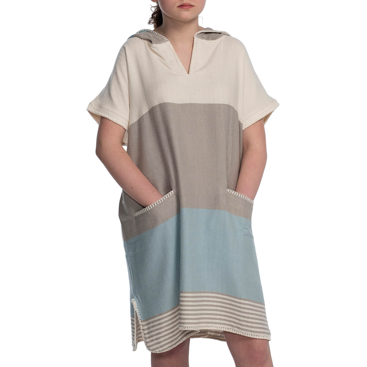 Multi Color Cover Up, Poncho in Taupe Light Blue color made of 100% Turkish cotton Poncho by buldano in Turkey
