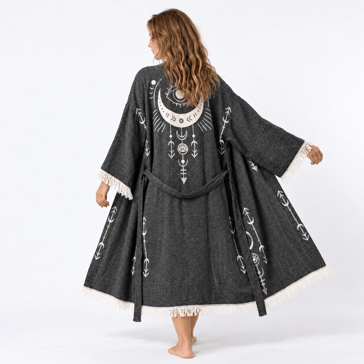 Eye and Moon Boho Kimono in Black color made of 100% Turkish cotton Kimono by buldano in Turkey