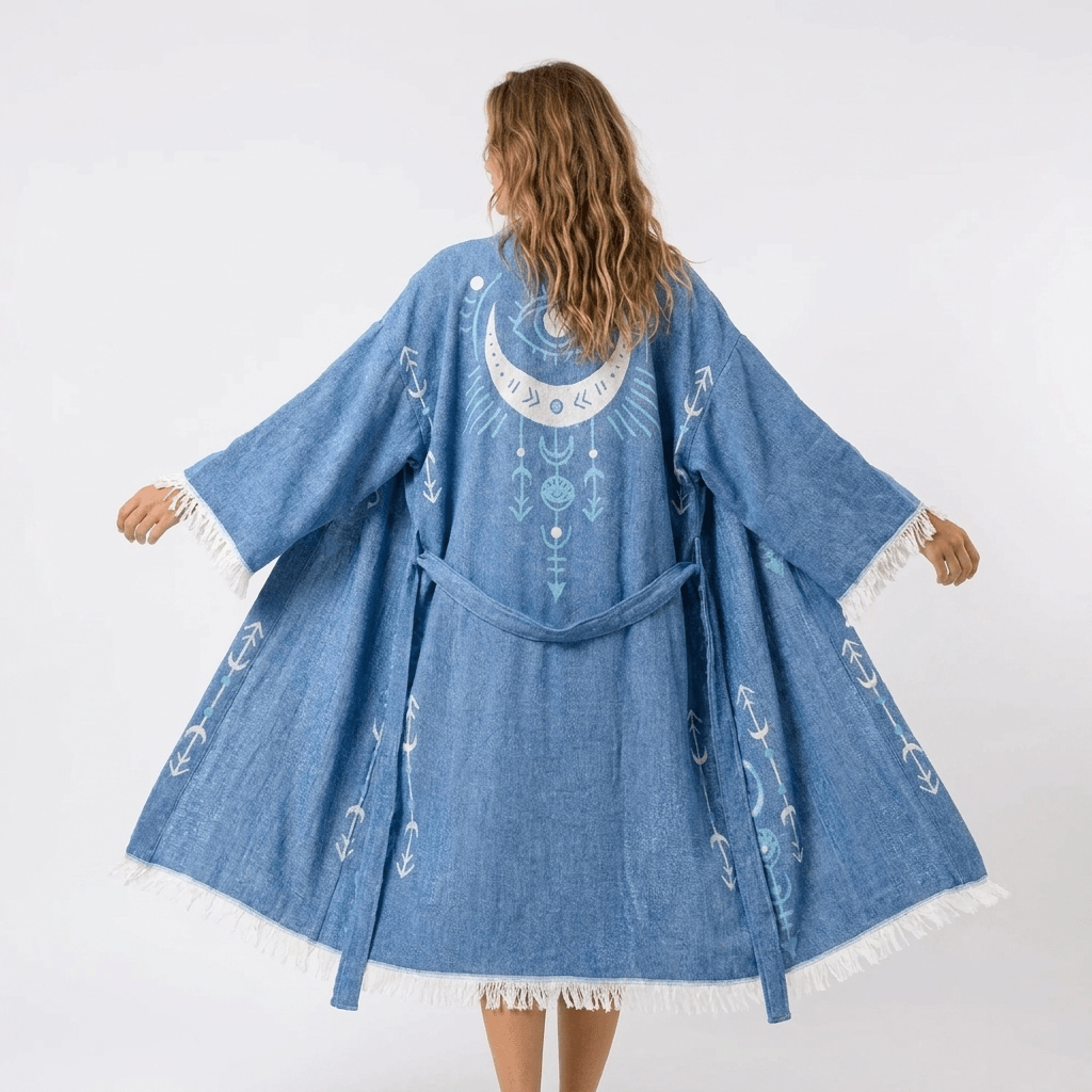 Eye and Moon Boho Kimono in Blue color made of 100% Turkish cotton Kimono by buldano in Turkey