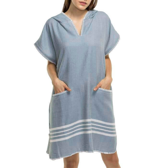 Beach Cover Up, Poncho with Hood in Light Blue color made of 100% Turkish cotton Poncho by buldano in Turkey