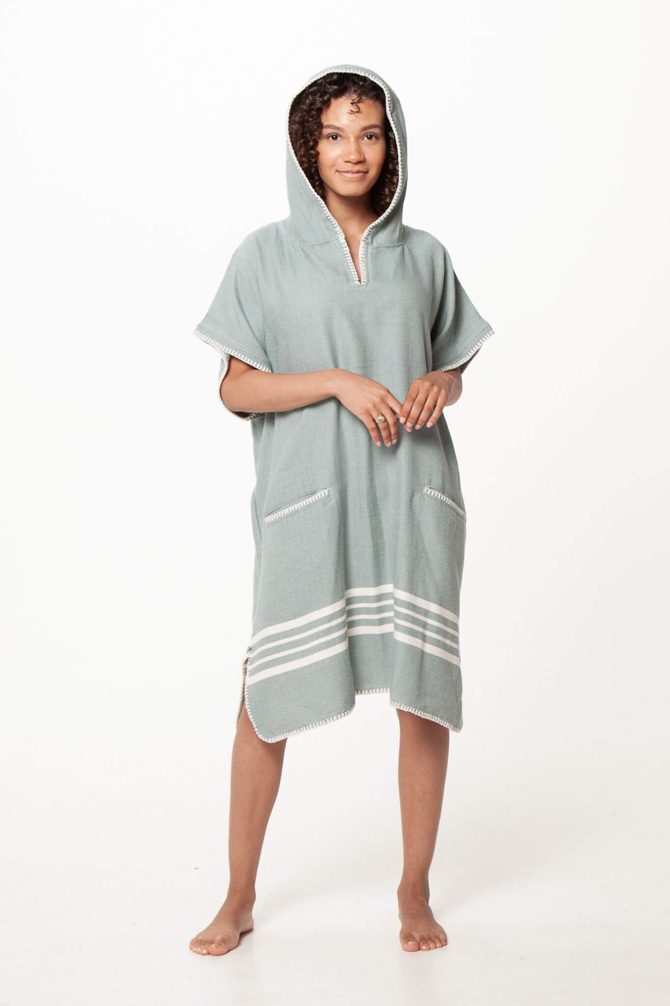 Beach Cover Up, Poncho with Hood in Almond Green color made of 100% Turkish cotton Poncho by buldano in Turkey