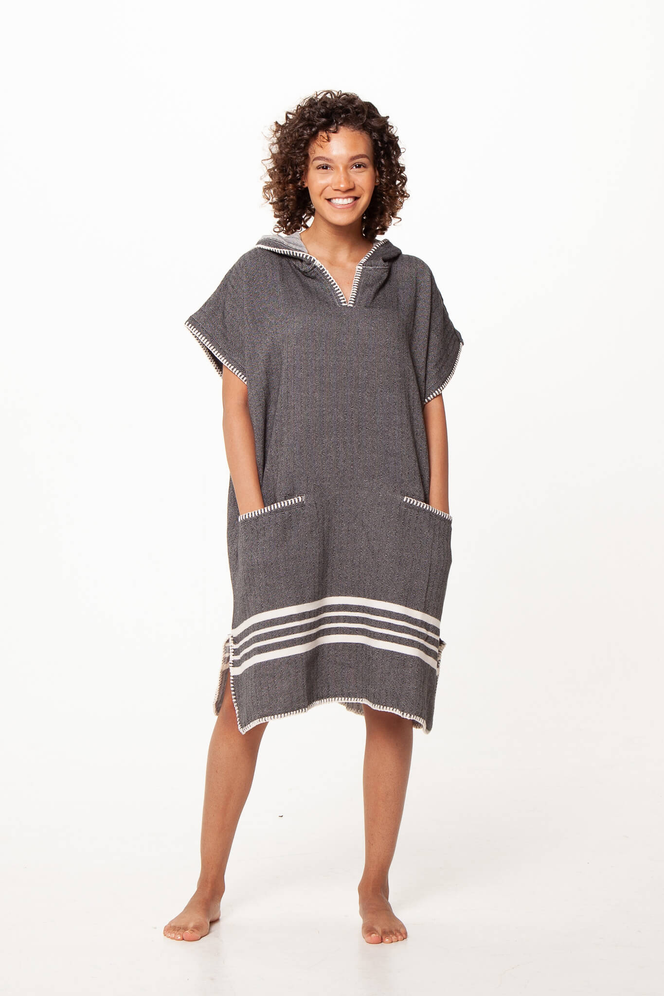 Beach Cover Up, Poncho with Hood in Black color made of 100% Turkish cotton Poncho by buldano in Turkey