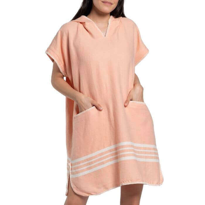 Beach Cover Up, Poncho with Hood in Melon color made of 100% Turkish cotton Poncho by buldano in Turkey