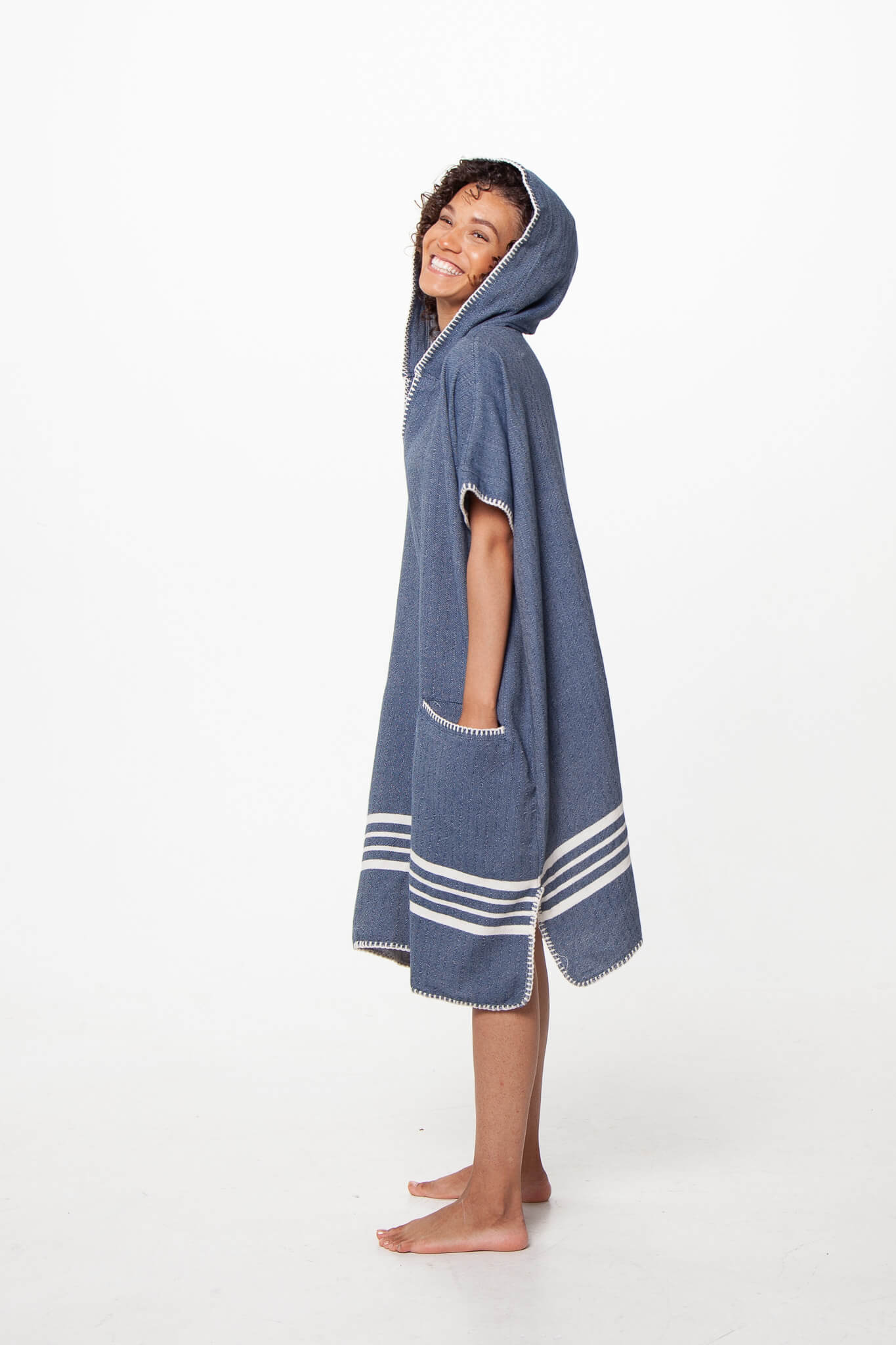Beach Cover Up, Poncho with Hood in Navy color made of 100% Turkish cotton Poncho by buldano in Turkey