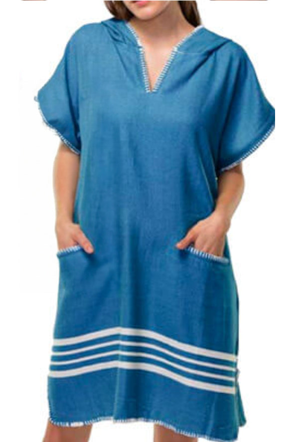 Beach Cover Up, Poncho with Hood in Petrol Blue color made of 100% Turkish cotton Poncho by buldano in Turkey