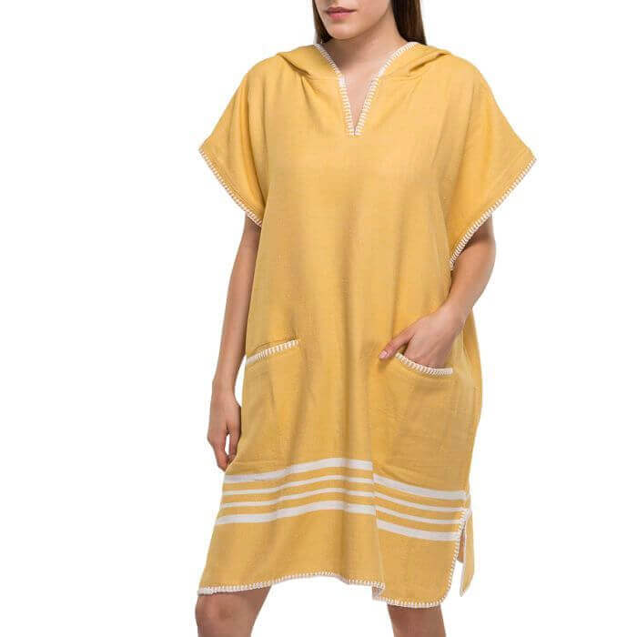 Beach Cover Up, Poncho with Hood in Yellow color made of 100% Turkish cotton Poncho by buldano in Turkey