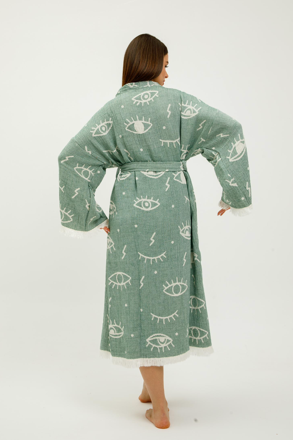 Eyes Kimono in Almond Green color made of 100% Turkish cotton Kimono by buldano in Turkey