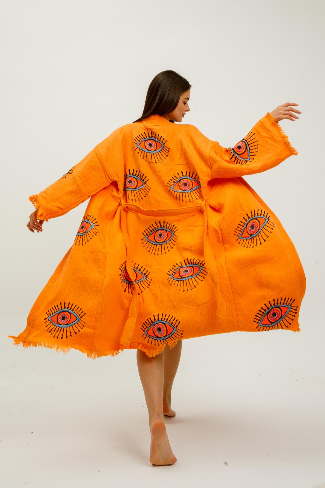 Evil Eye Hand Printed Kimono Natural in Orange color made of 100% Turkish cotton Kimono by buldano in Turkey