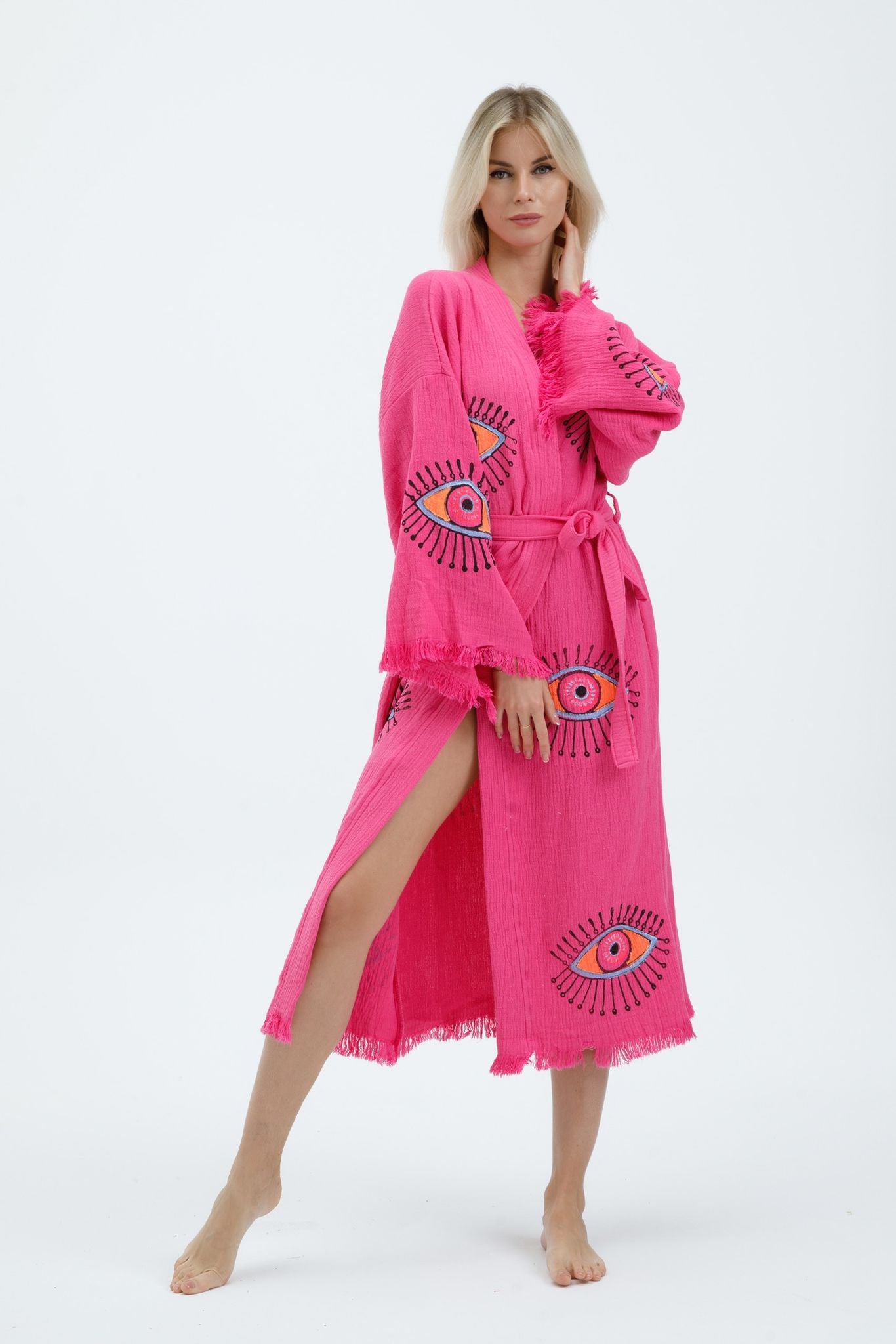 Evil Eye Hand Printed Kimono Natural in Fuschia color made of 100% Turkish cotton Kimono by buldano in Turkey