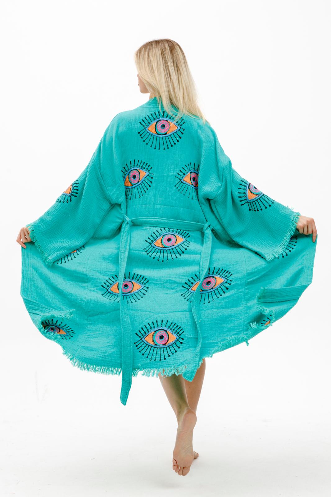 Evil Eye Hand Printed Kimono Natural in Teal color made of 100% Turkish cotton Kimono by buldano in Turkey