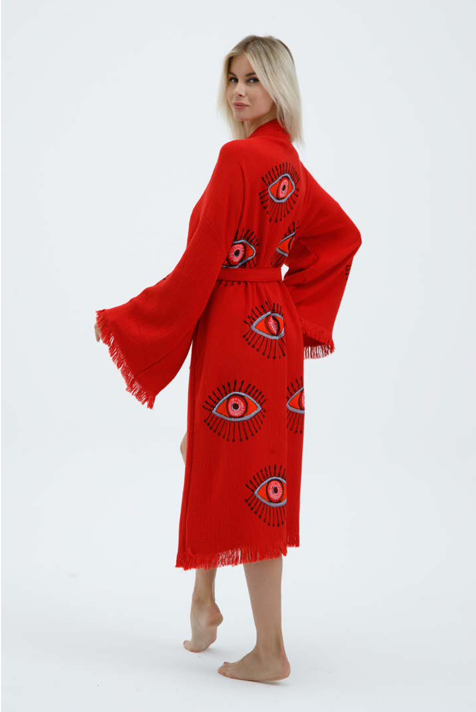 Evil Eye Hand Printed Kimono Natural in Red color made of 100% Turkish cotton Kimono by buldano in Turkey