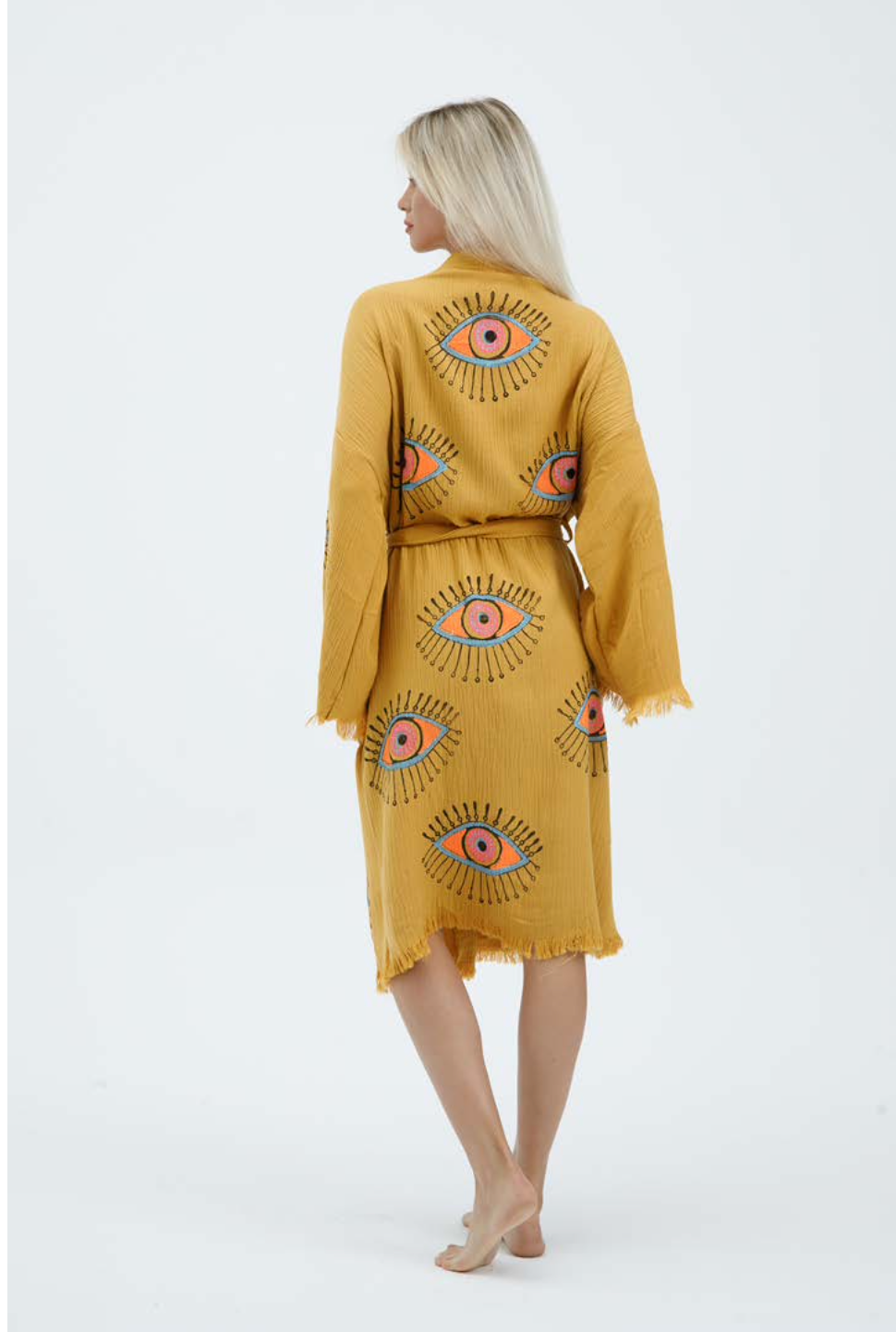 Evil Eye Hand Printed Kimono Natural in Yellow color made of 100% Turkish cotton Kimono by buldano in Turkey