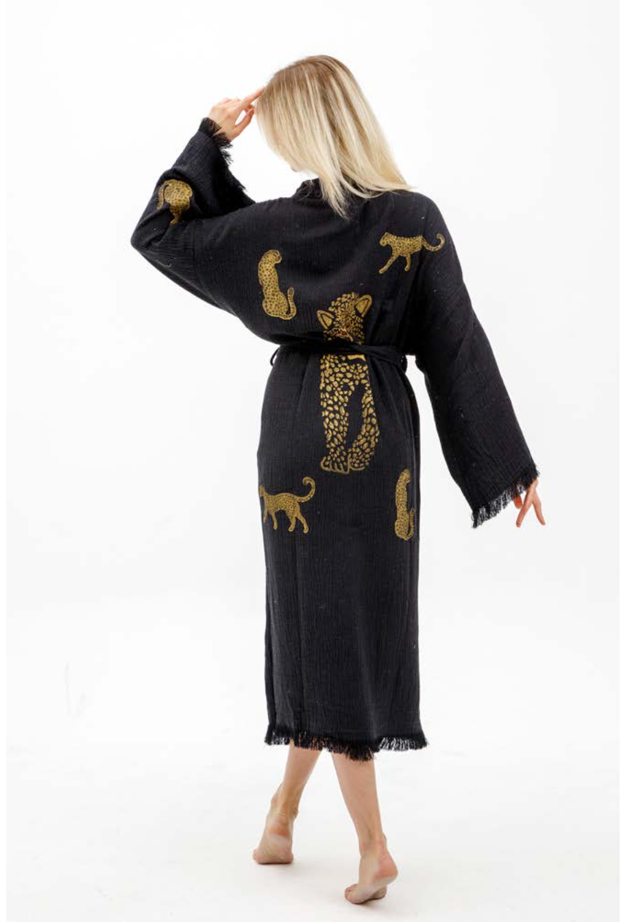 Tiger Hand Printed Kimono in Black color made of 100% Turkish cotton Kimono by buldano in Turkey