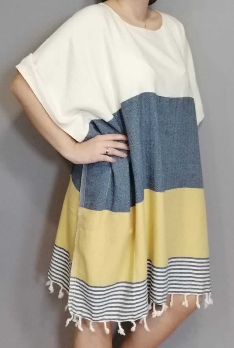 Multi Color Tunic Beach Cover Up in Navy Yellow color made of 100% Turkish cotton Tunic by buldano in Turkey
