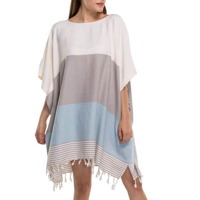 Multi Color Tunic Beach Cover Up in Taupe Light Blue color made of 100% Turkish cotton Tunic by buldano in Turkey