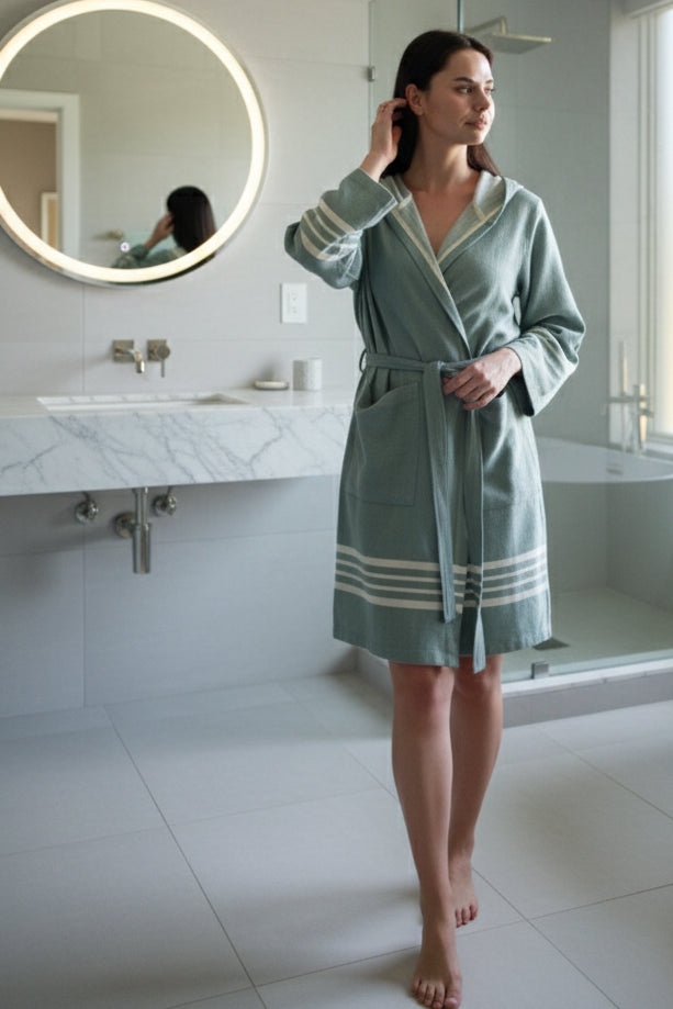 Organic Turkish Cotton Short Bathrobe with Hood Lightweight Robe buldano Organic Turkish Cotton Short Bathrobe with Hood Lightweight Robe buldano
