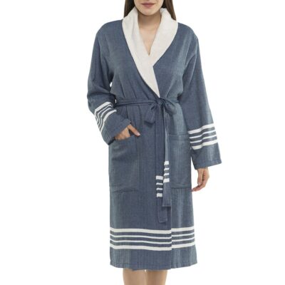 Reversible Turkish Towel Robe with Hood Terry Inside - Unisex - Turkish ...